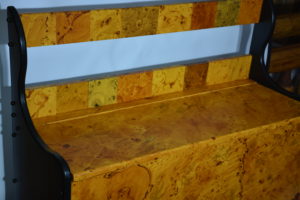 Exotic burl wood storage bench